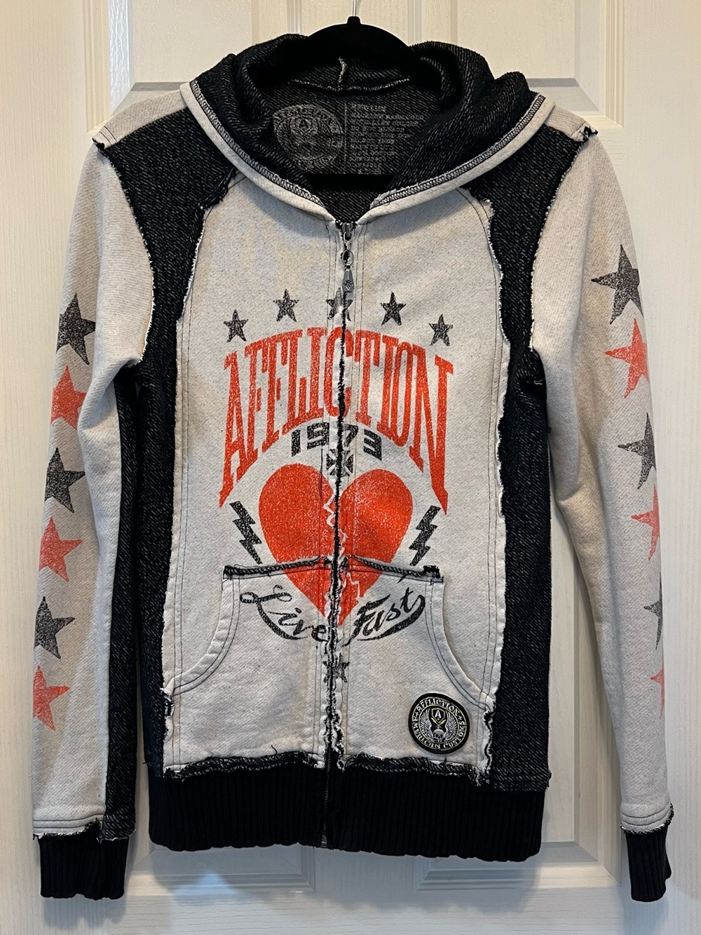 Affliction Two-Tone Live Fast Heart Zip-Up Hoodie — White, Black & Red